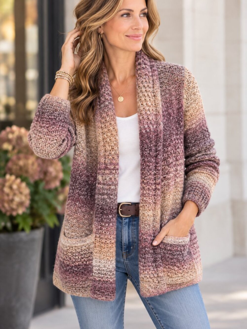 Berretti Italy Wool Blend Marled Open Front Cardigan Large Pink Taupe